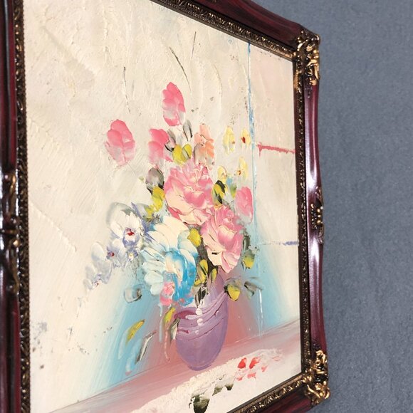 Vintage Still Life Impasto Oil Floral Painting Bouquet Flowers Roses Vase Framed - Picture 4 of 7